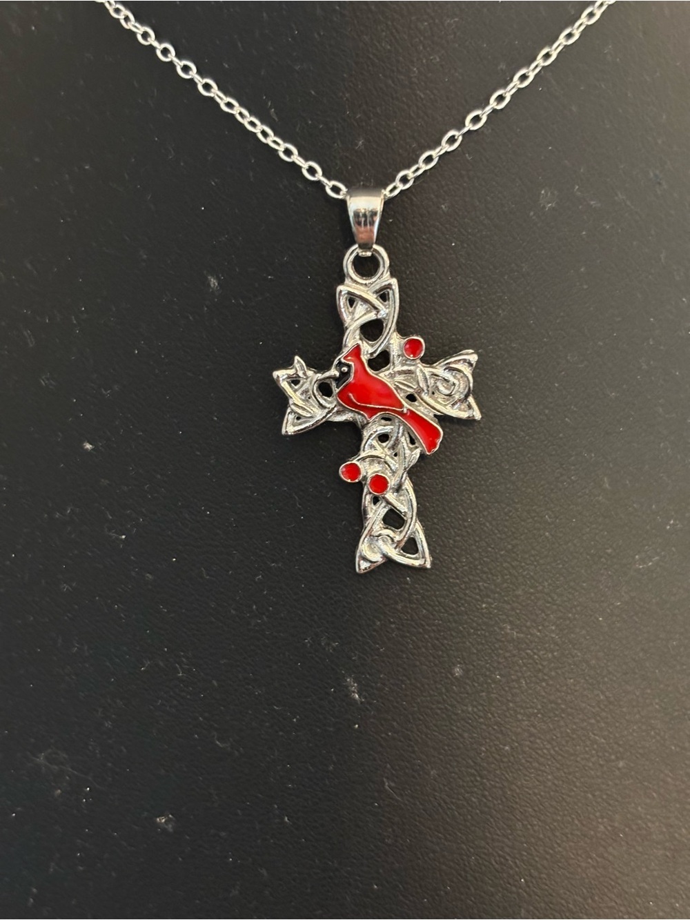 Women's Silver-tone Celtic Cross Necklace with Red Cardinal Accent